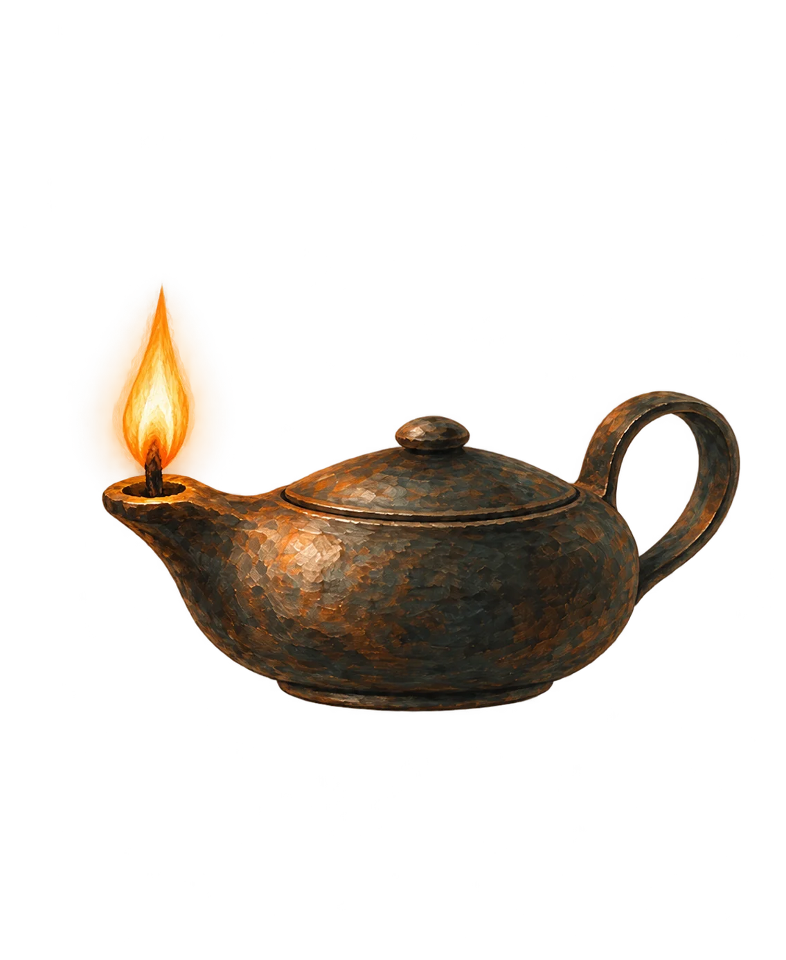 A candil — a closed oil lamp holding a single small flame.